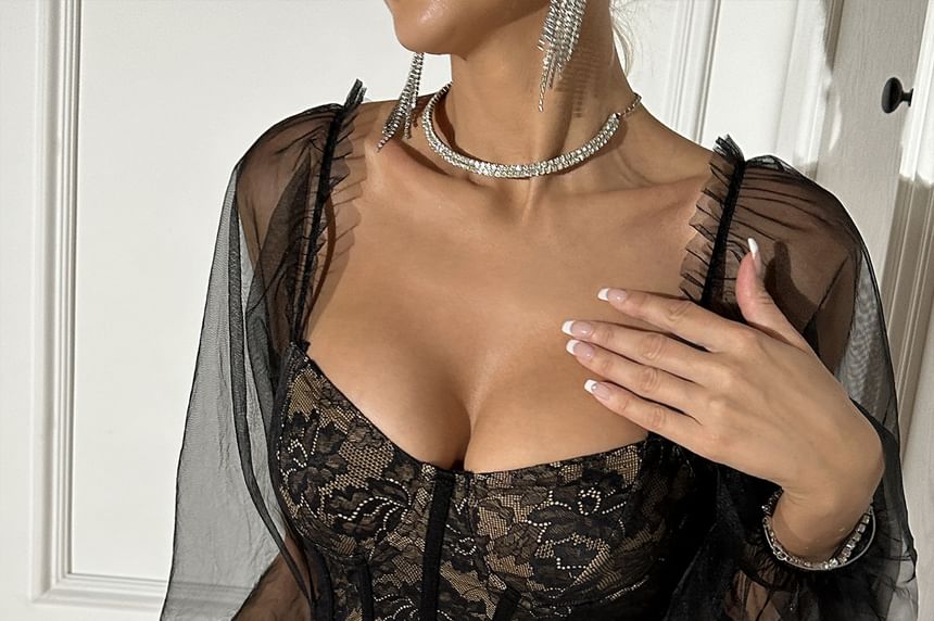 Frill-Trimmed Mesh Long-Sleeve Lace Corset Crop Top
