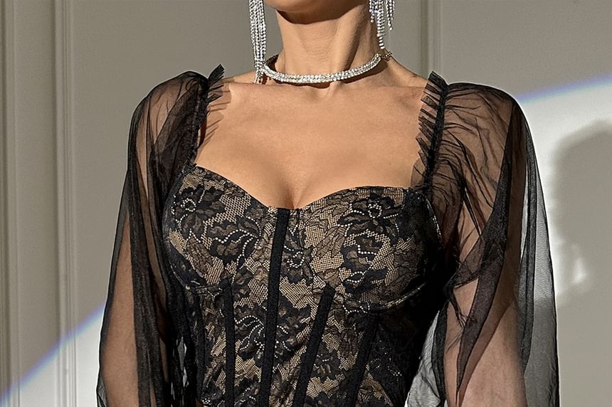 Frill-Trimmed Mesh Long-Sleeve Lace Corset Crop Top