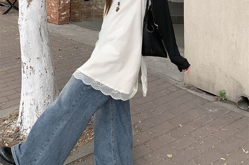 Lace Trim Mini Dress with Long Sleeve Tee
