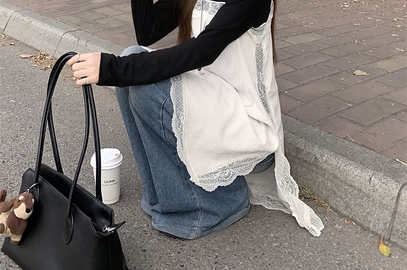 Lace Trim Mini Dress with Long Sleeve Tee