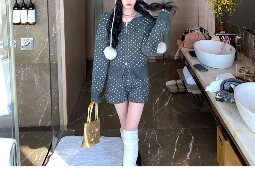 Polka Dot Zip Hoodie with Knit Shorts