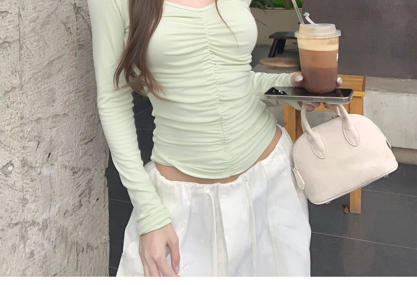 V-Neck Cinched Long Sleeve Solid Crop Tee