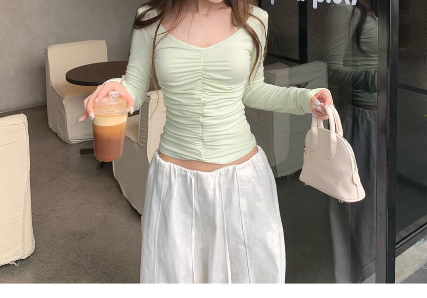 V-Neck Cinched Long Sleeve Solid Crop Tee