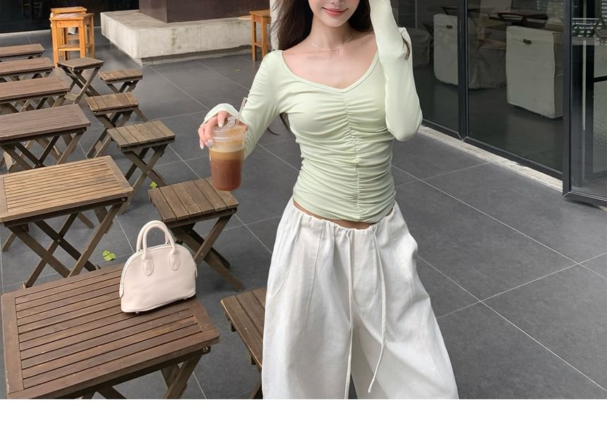 V-Neck Cinched Long Sleeve Solid Crop Tee