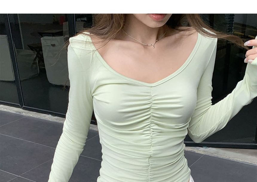 V-Neck Cinched Long Sleeve Solid Crop Tee