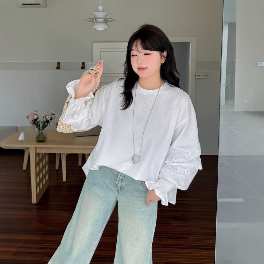 Crew Neck Long Sleeve Solid Ruffle Top (XL-4XL)