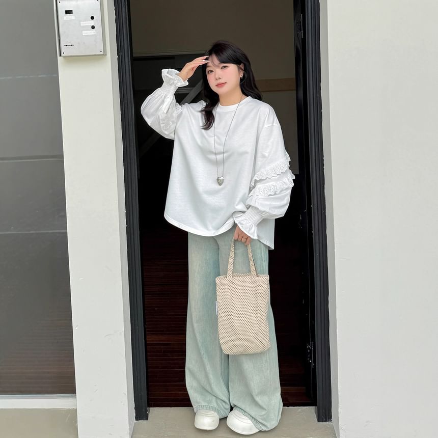Crew Neck Long Sleeve Solid Ruffle Top (XL-4XL)