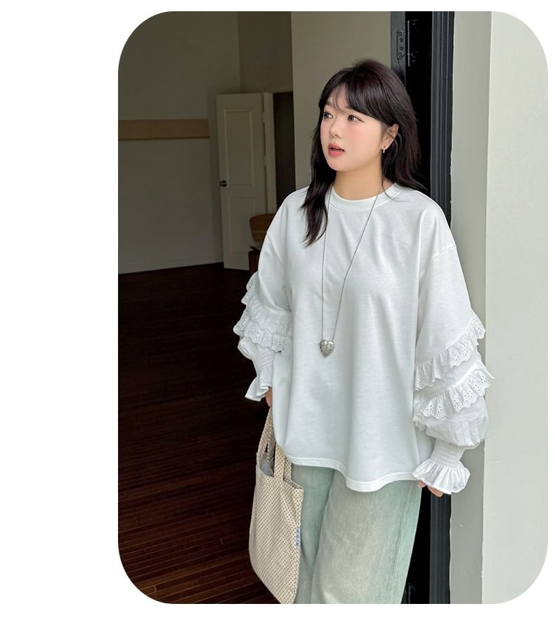 Crew Neck Long Sleeve Solid Ruffle Top (XL-4XL)