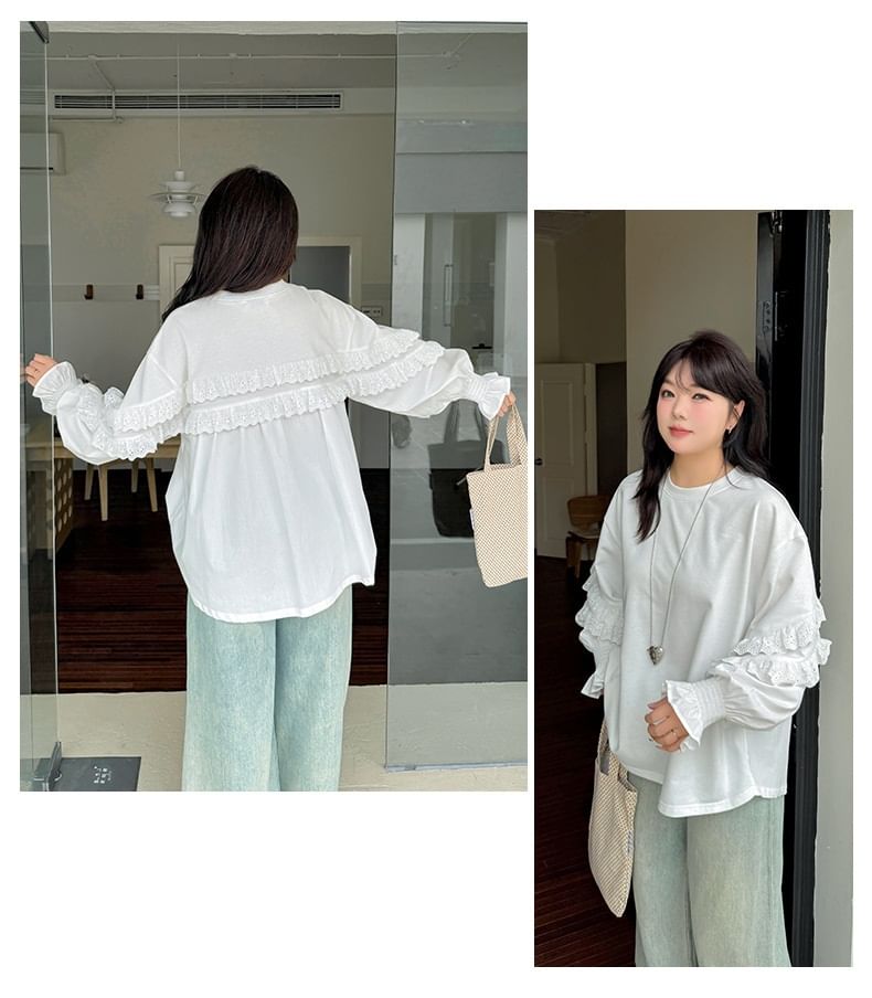 Crew Neck Long Sleeve Solid Ruffle Top (XL-4XL)