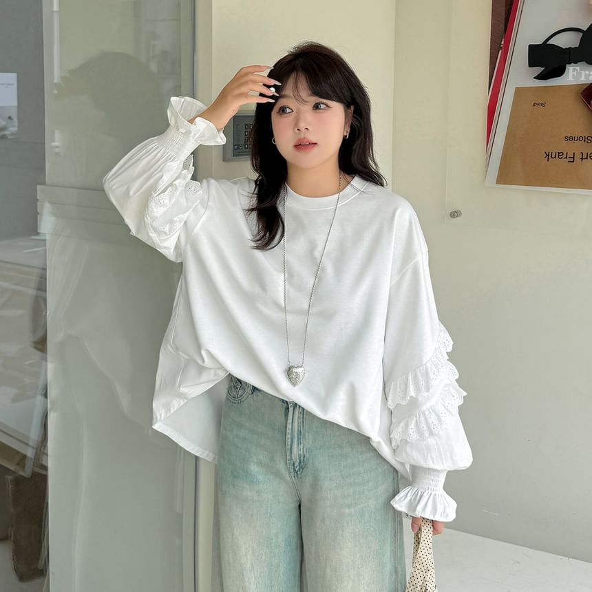 Crew Neck Long Sleeve Solid Ruffle Top (XL-4XL)