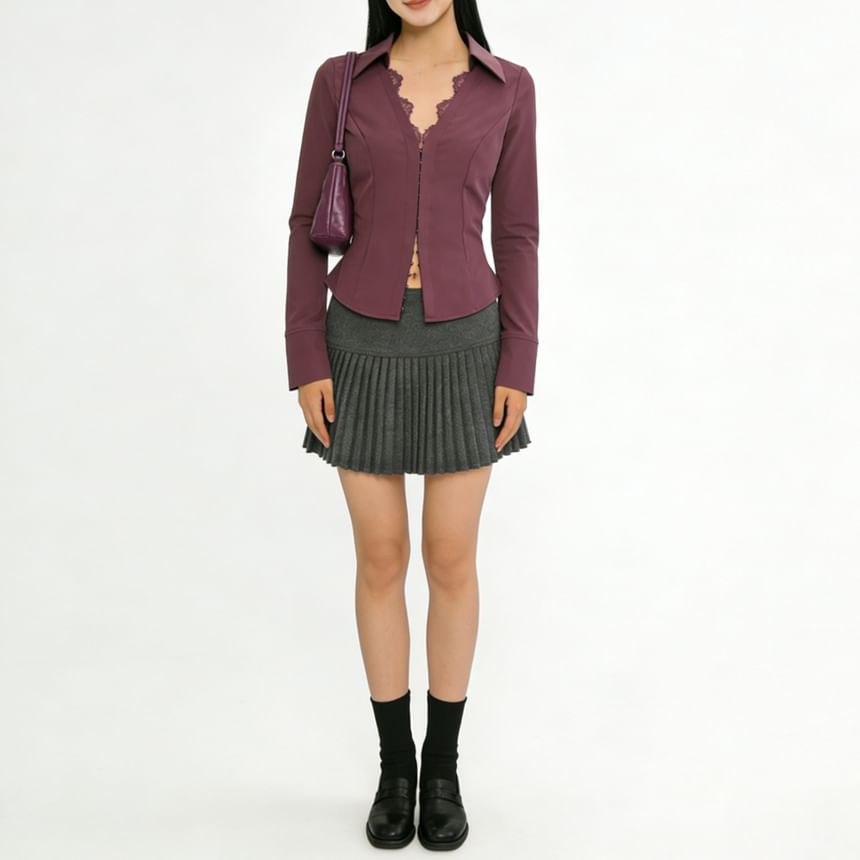 Long Sleeve V-Neck Lace Hook and Eye Slim Shirt