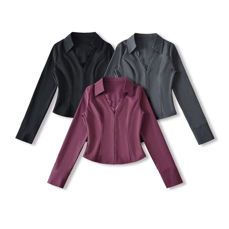 Long Sleeve V-Neck Lace Hook and Eye Slim Shirt