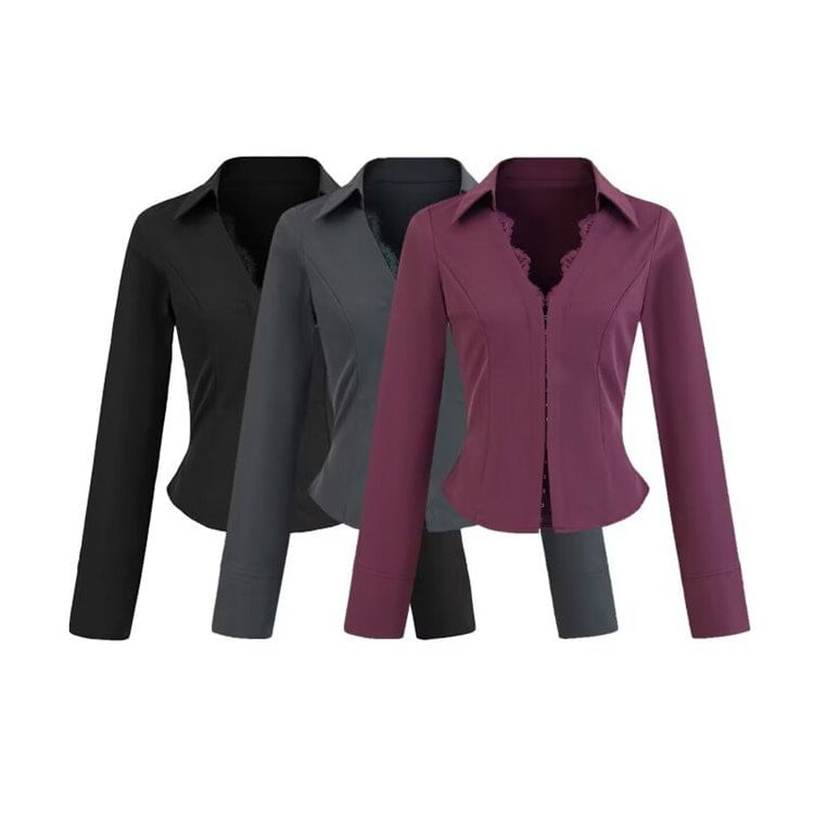 Long Sleeve V-Neck Lace Hook and Eye Slim Shirt