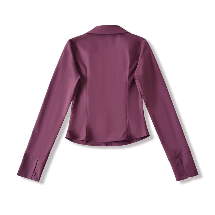 Long Sleeve V-Neck Lace Hook and Eye Slim Shirt