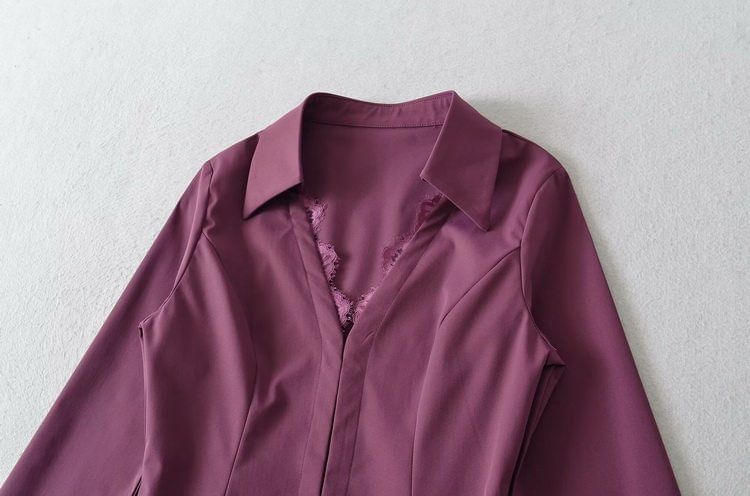 Long Sleeve V-Neck Lace Hook and Eye Slim Shirt