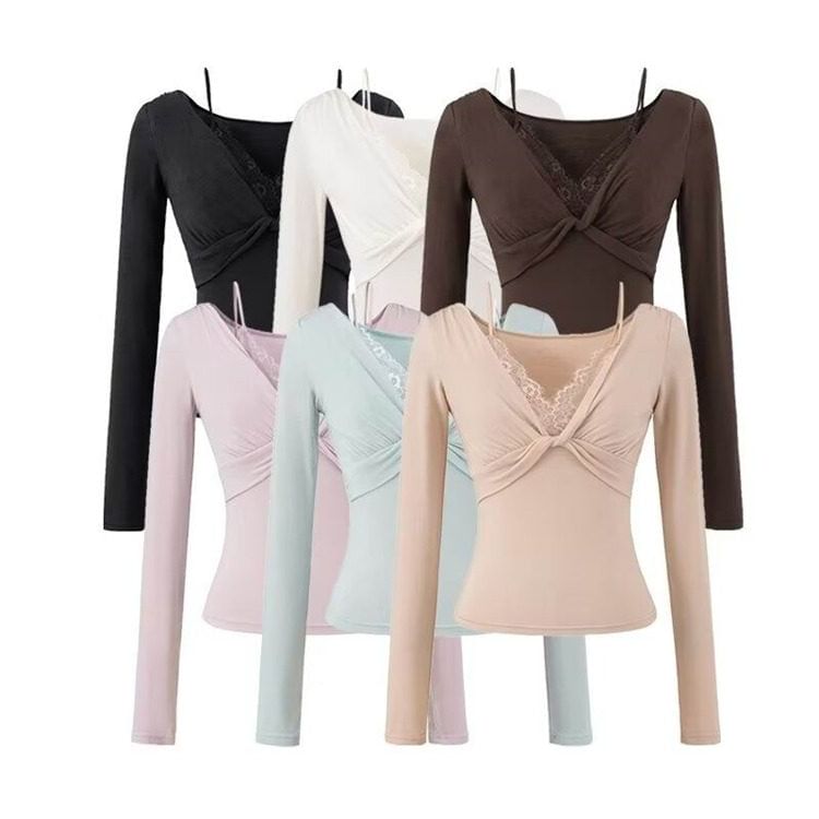Mock Two-Piece V-Neck Twist Lace Trim Slim Tee