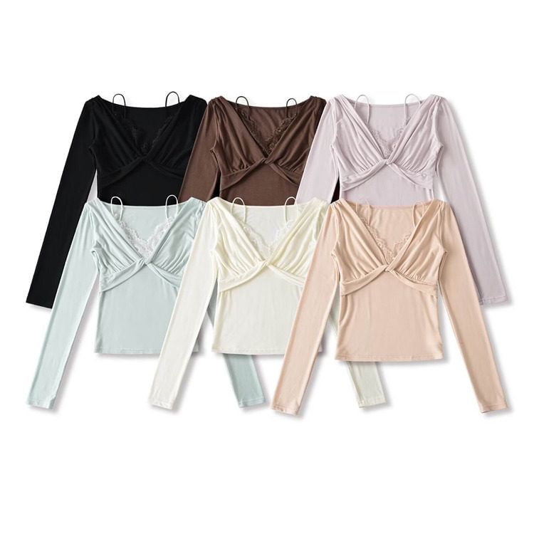 Mock Two-Piece V-Neck Twist Lace Trim Slim Tee