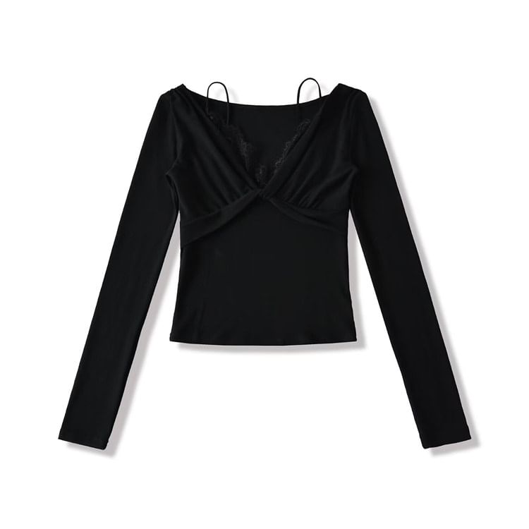 Mock Two-Piece V-Neck Twist Lace Trim Slim Tee