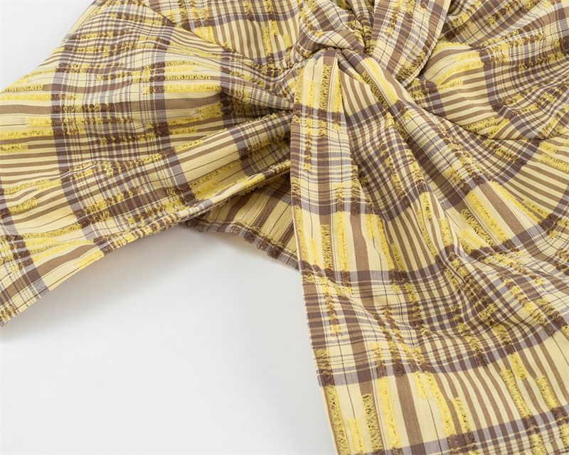 Sleeveless V-Neck Checkered Knotted Shirt