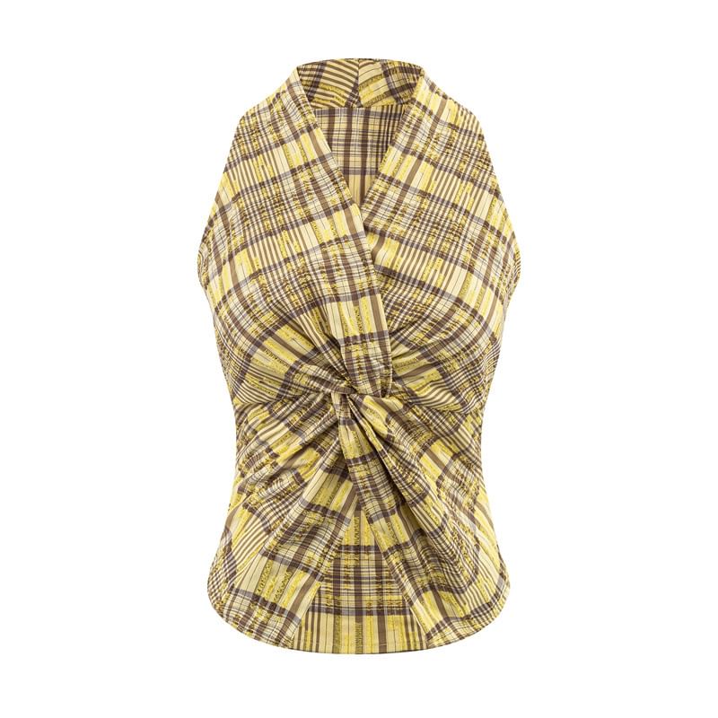 Sleeveless V-Neck Checkered Knotted Shirt