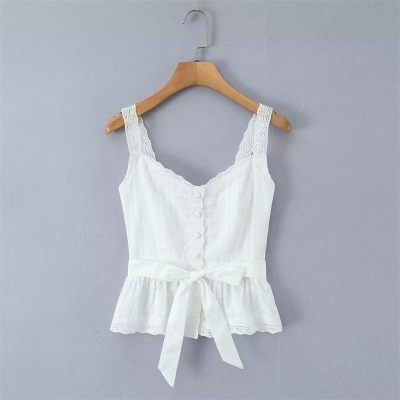 Lace Camisole with Tie-Front Buttons / High Waist Mini A-Line Layered Skirt Set