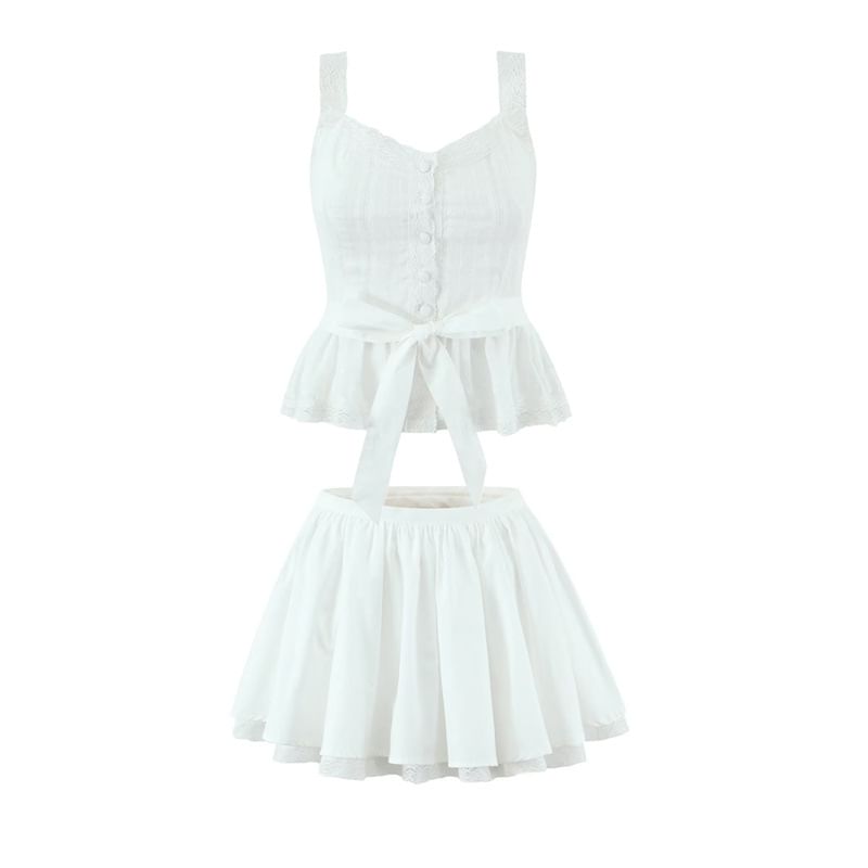 Lace Camisole with Tie-Front Buttons / High Waist Mini A-Line Layered Skirt Set