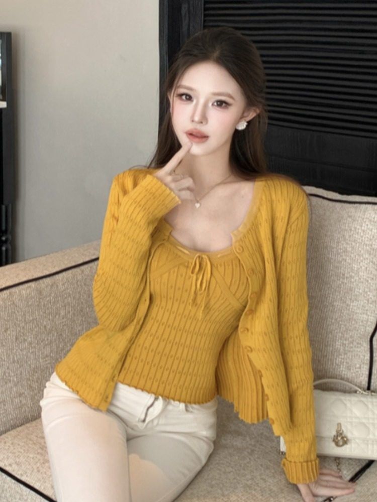 Crew Neck Button-Up Crop Cardigan with Camisole Set