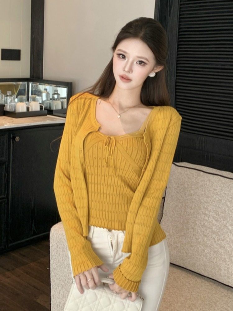 Crew Neck Button-Up Crop Cardigan with Camisole Set