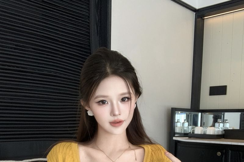 Crew Neck Button-Up Crop Cardigan with Camisole Set