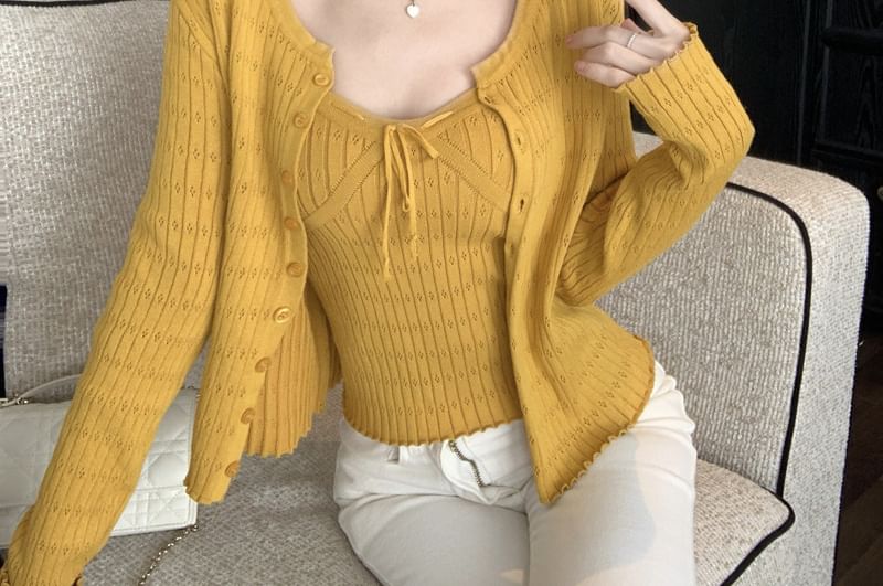 Crew Neck Button-Up Crop Cardigan with Camisole Set