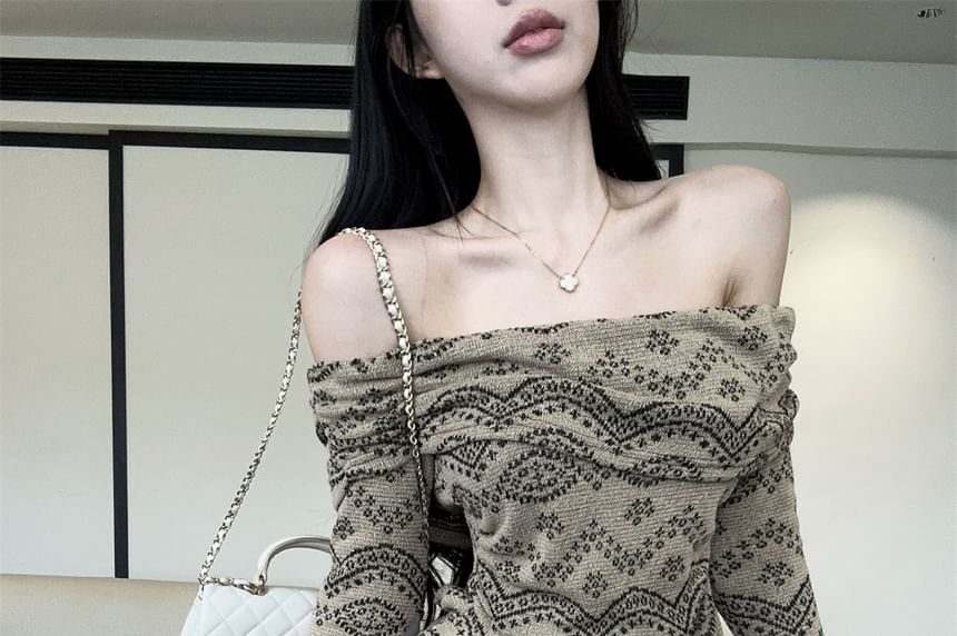Off-Shoulder Jacquard Lace Panel Crop Knit Top / High Waist Bubble Hem Mini A-Line Skort Set