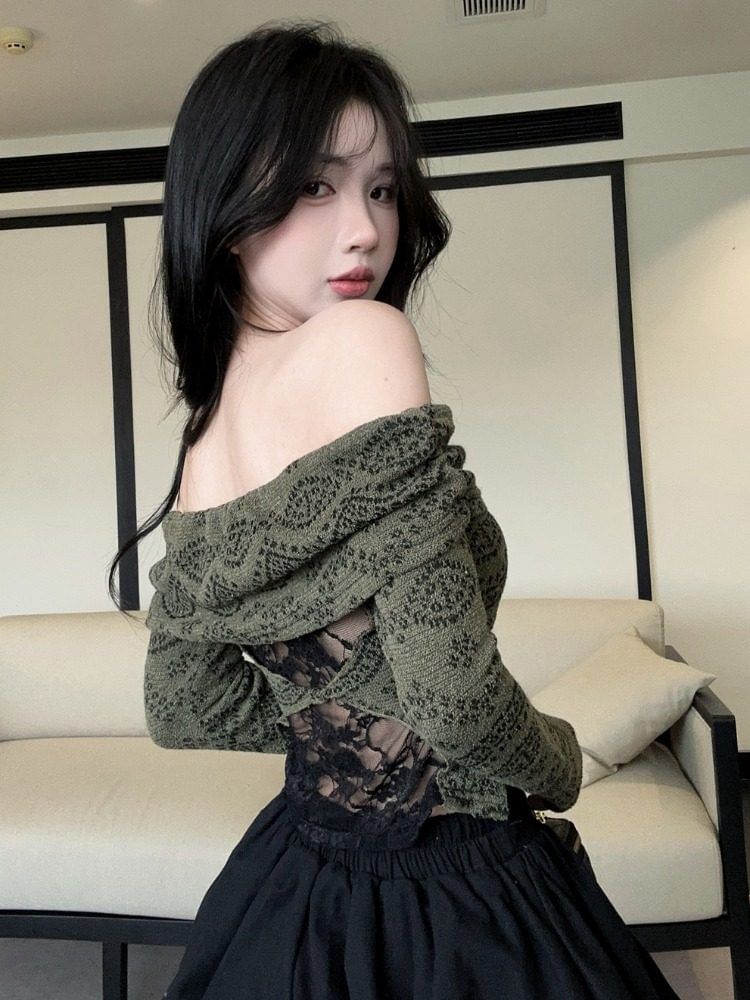Off-Shoulder Jacquard Lace Panel Crop Knit Top / High Waist Bubble Hem Mini A-Line Skort Set