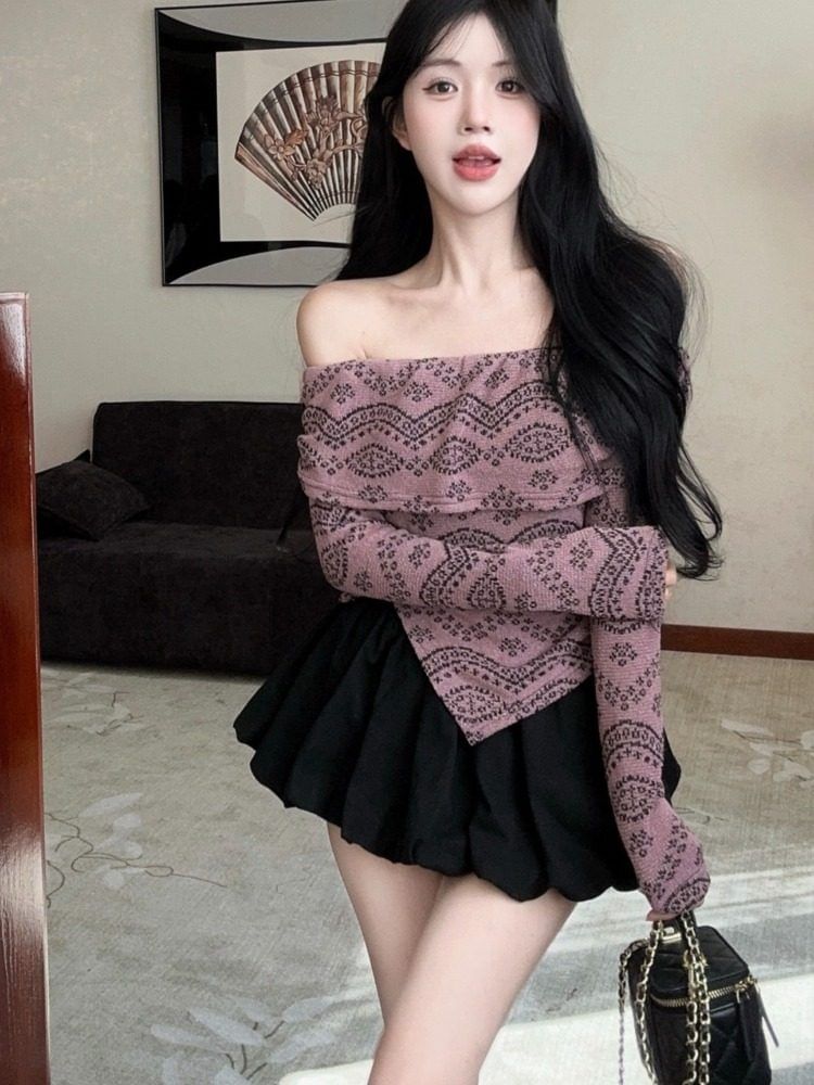 Off-Shoulder Jacquard Lace Panel Crop Knit Top / High Waist Bubble Hem Mini A-Line Skort Set