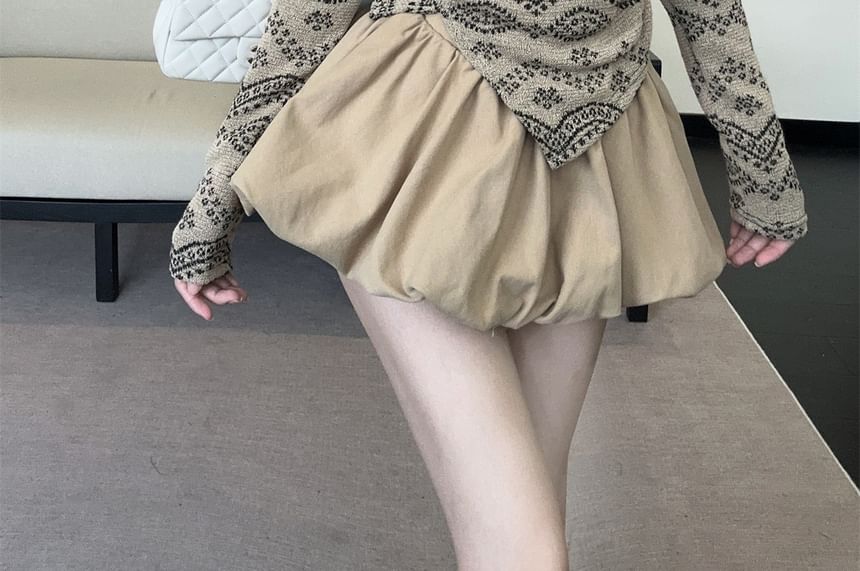 Off-Shoulder Jacquard Lace Panel Crop Knit Top / High Waist Bubble Hem Mini A-Line Skort Set