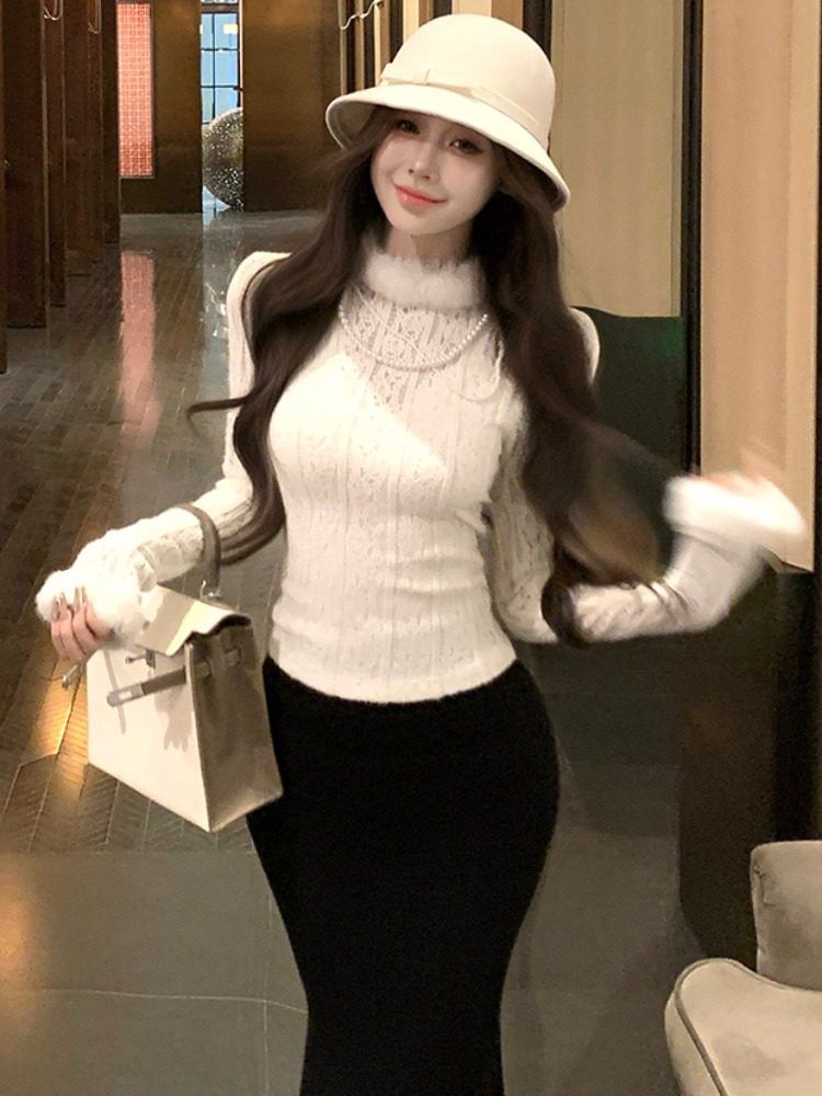 Mock Neck Long Sleeve Fluffy Trim Lace Slim Crop Top