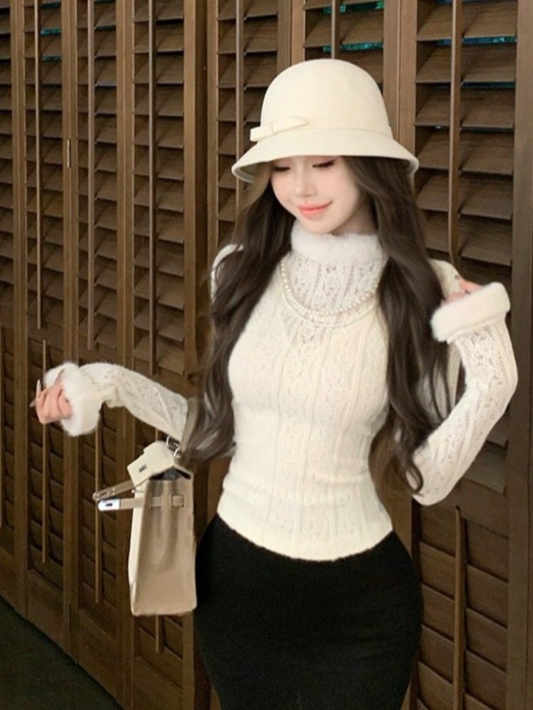 Mock Neck Long Sleeve Fluffy Trim Lace Slim Crop Top