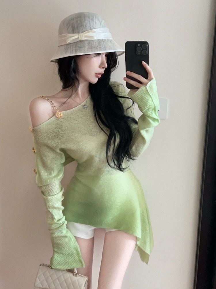 Cold Shoulder Gradient Asymmetrical Sheer Long Sleeve Knit Top