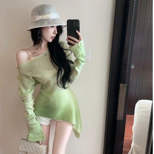 Cold Shoulder Gradient Asymmetrical Sheer Long Sleeve Knit Top