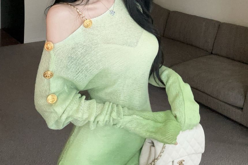 Cold Shoulder Gradient Asymmetrical Sheer Long Sleeve Knit Top