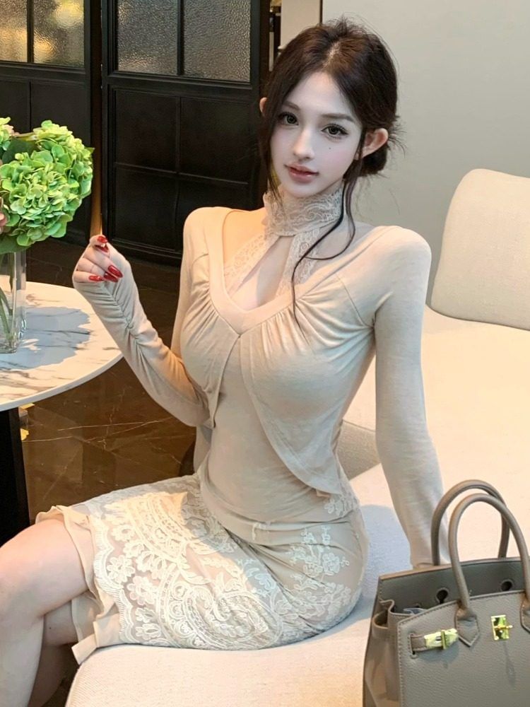 Halter Neck Lace Panel Cutout Slim Fit Top / High Waist Pencil Skirt Set