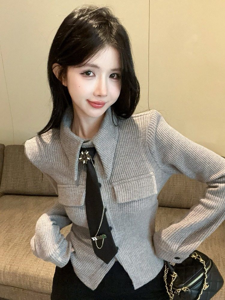 Collared Button-Up Knit Top with Necktie Set