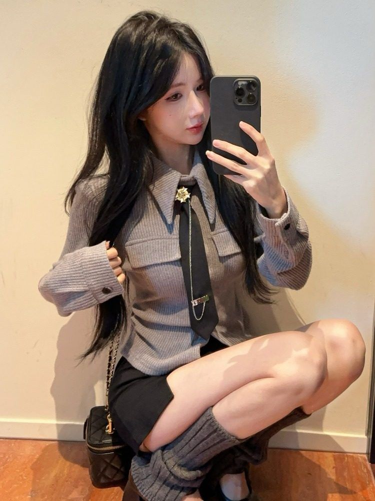 Collared Button-Up Knit Top with Necktie Set