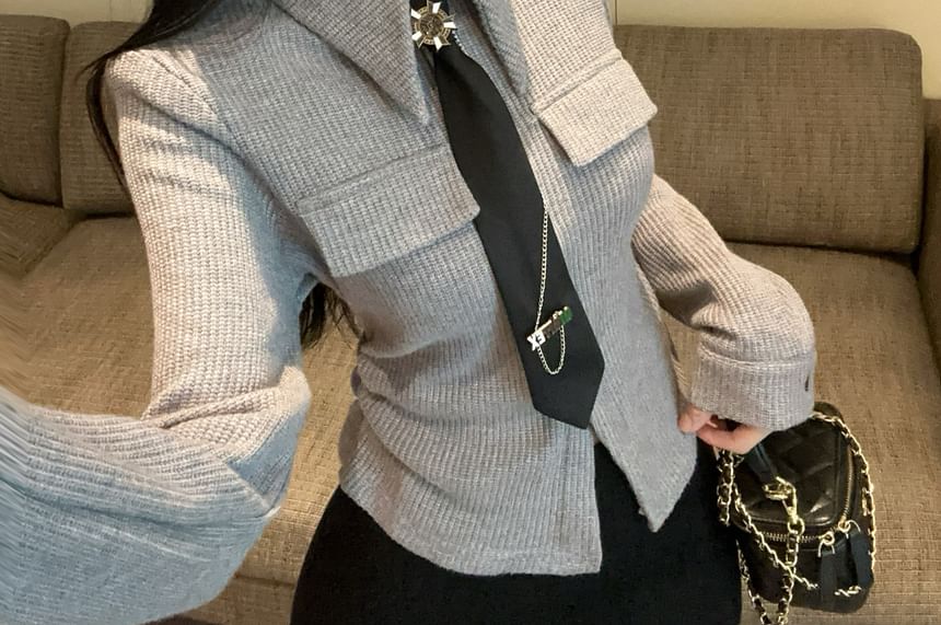 Collared Button-Up Knit Top with Necktie Set