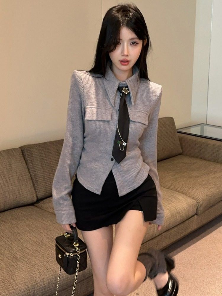 Collared Button-Up Knit Top with Necktie Set