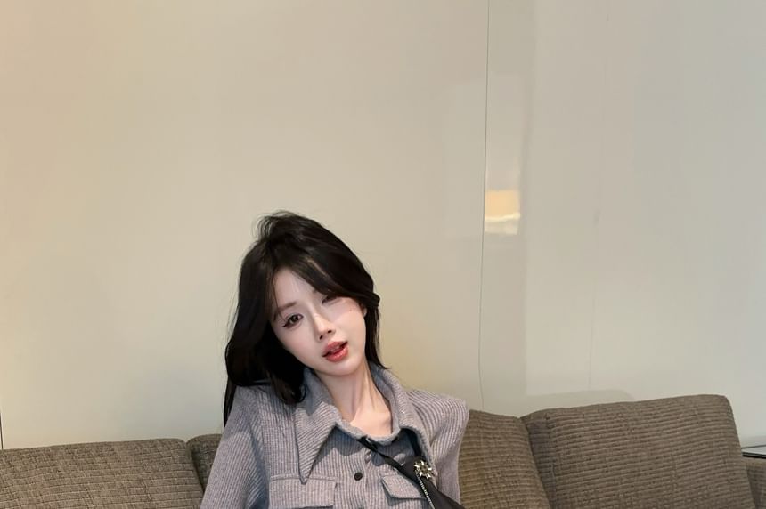 Collared Button-Up Knit Top with Necktie Set