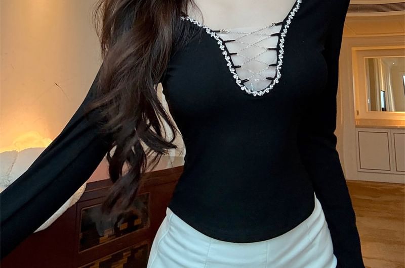 Deep Plunge Embellished Slim Fit Long Sleeve Crop Tee