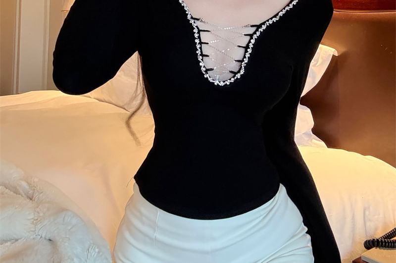 Deep Plunge Embellished Slim Fit Long Sleeve Crop Tee