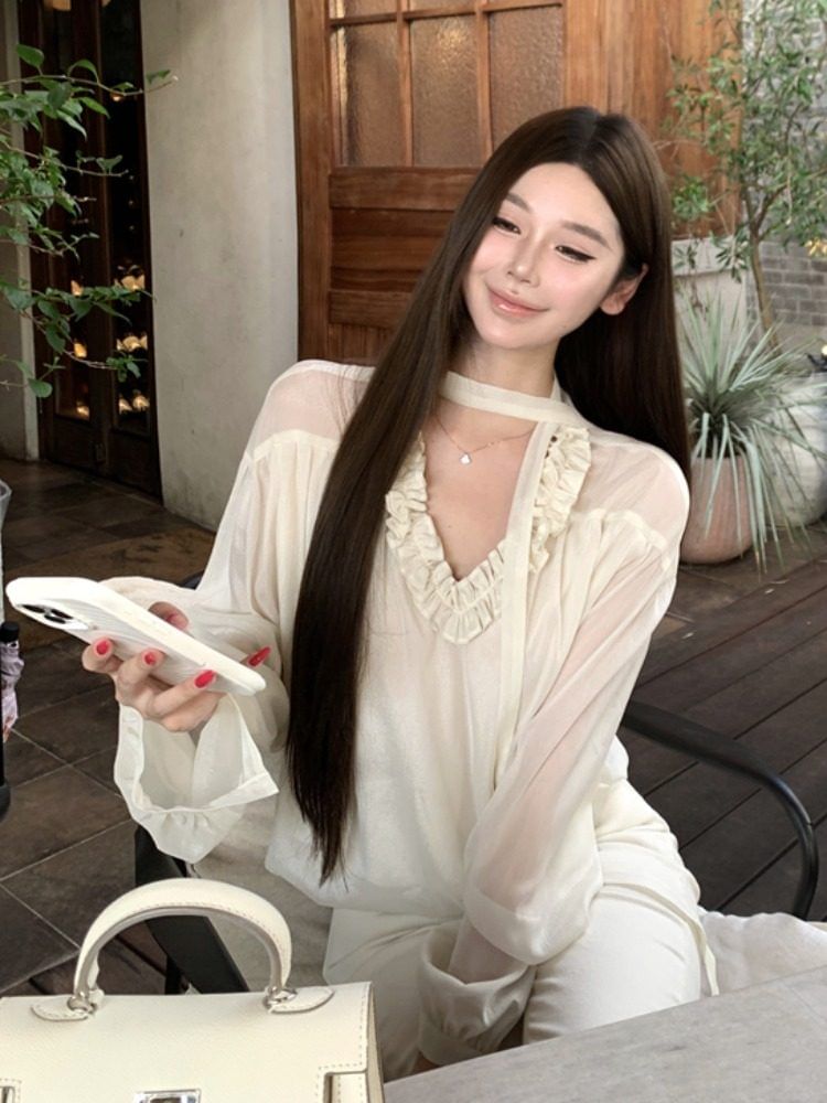 V-Neck Frill Trim Sheer Long Sleeve Blouse