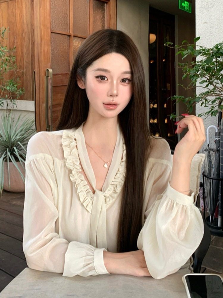V-Neck Frill Trim Sheer Long Sleeve Blouse