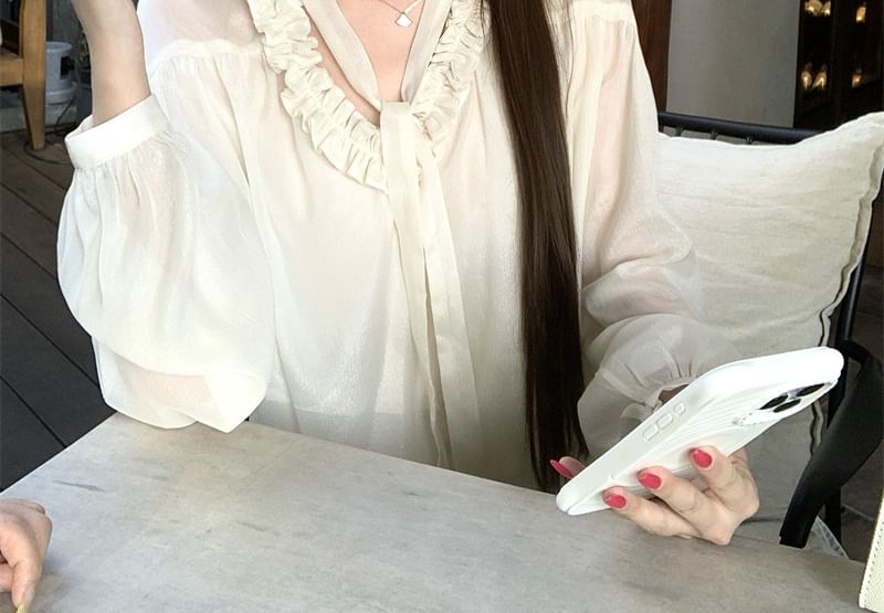 V-Neck Frill Trim Sheer Long Sleeve Blouse